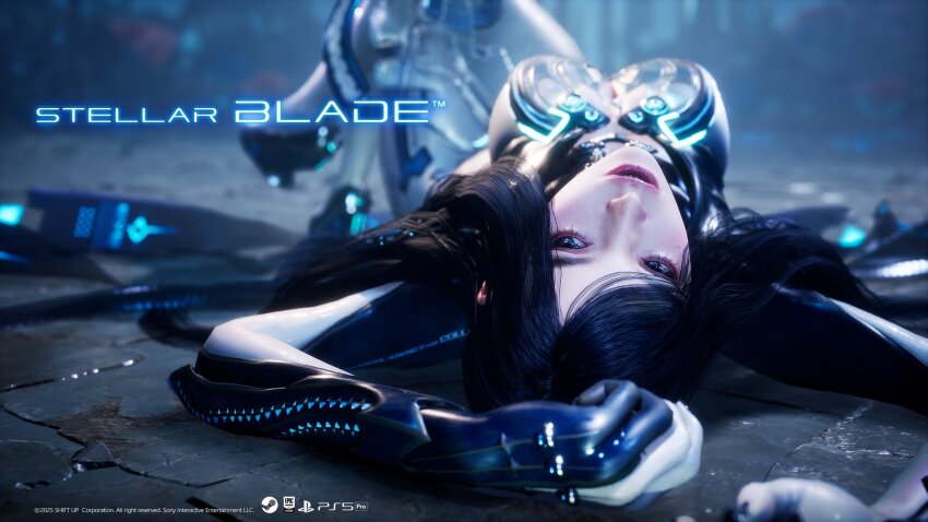 1girl 3d black_hair blue_eyes blurry blurry_background bodysuit breasts cleavage_cutout clothing_cutout copyright_name glowing grey_bodysuit highres large_breasts long_hair lying official_art official_wallpaper on_back raven_(stellar_blade) raven_suit_(stellar_blade) stellar_blade
