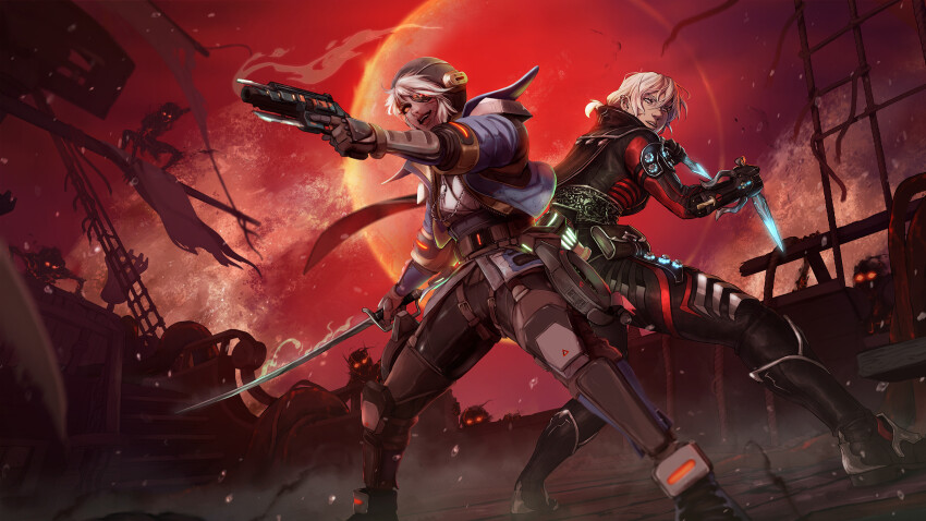 2girls apex_legends artist_collaboration b3_wingman black_footwear black_gloves black_pants blue_footwear blue_jacket boots breasts commentary deep_current_wattson english_commentary facial_scar gloves glowing grey_hair grey_shirt gun handgun highres holding holding_gun holding_knife holding_sword holding_weapon ifragmentix jacket jelart knife leaning_forward making-of_available medium_breasts multiple_girls official_alternate_costume open_mouth orange_eyes pants photoshop_(medium) red_sky revolver rift_stalker_wraith scar scar_on_cheek scar_on_face shirt sky smile smoke smoking_barrel sword wattson_(apex_legends) weapon wraith_(apex_legends)