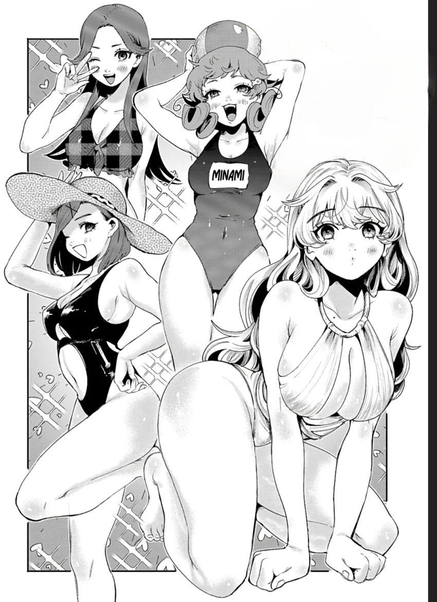4girls barefoot bikini blonde_hair blush closed_mouth collared_bikini filter-goshi_no_kanojo greyscale hakobe_maimi hands_up hat highres kagurazaka_minami koto_mitsuha long_hair looking_at_viewer moka_(filter-goshi_no_kanojo) monochrome multiple_girls navel one_eye_closed open_mouth purple_eyes red_hair school_swimsuit serious simple_background smile solo swimsuit tongue v very_long_hair white_background