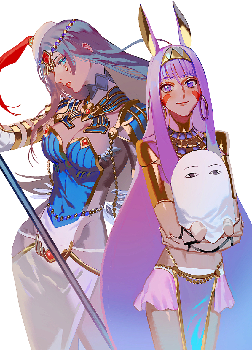 2girls animal_ears armor bikini_armor daeraeband dark-skinned_female dark_skin fate/grand_order fate_(series) highres jackal_ears long_hair looking_at_another low-tied_long_hair multiple_girls nitocris_(fate) nitocris_(fate/grand_order) nitocris_(swimsuit_assassin)_(fate) purple_hair scheherazade_(fate) very_long_hair