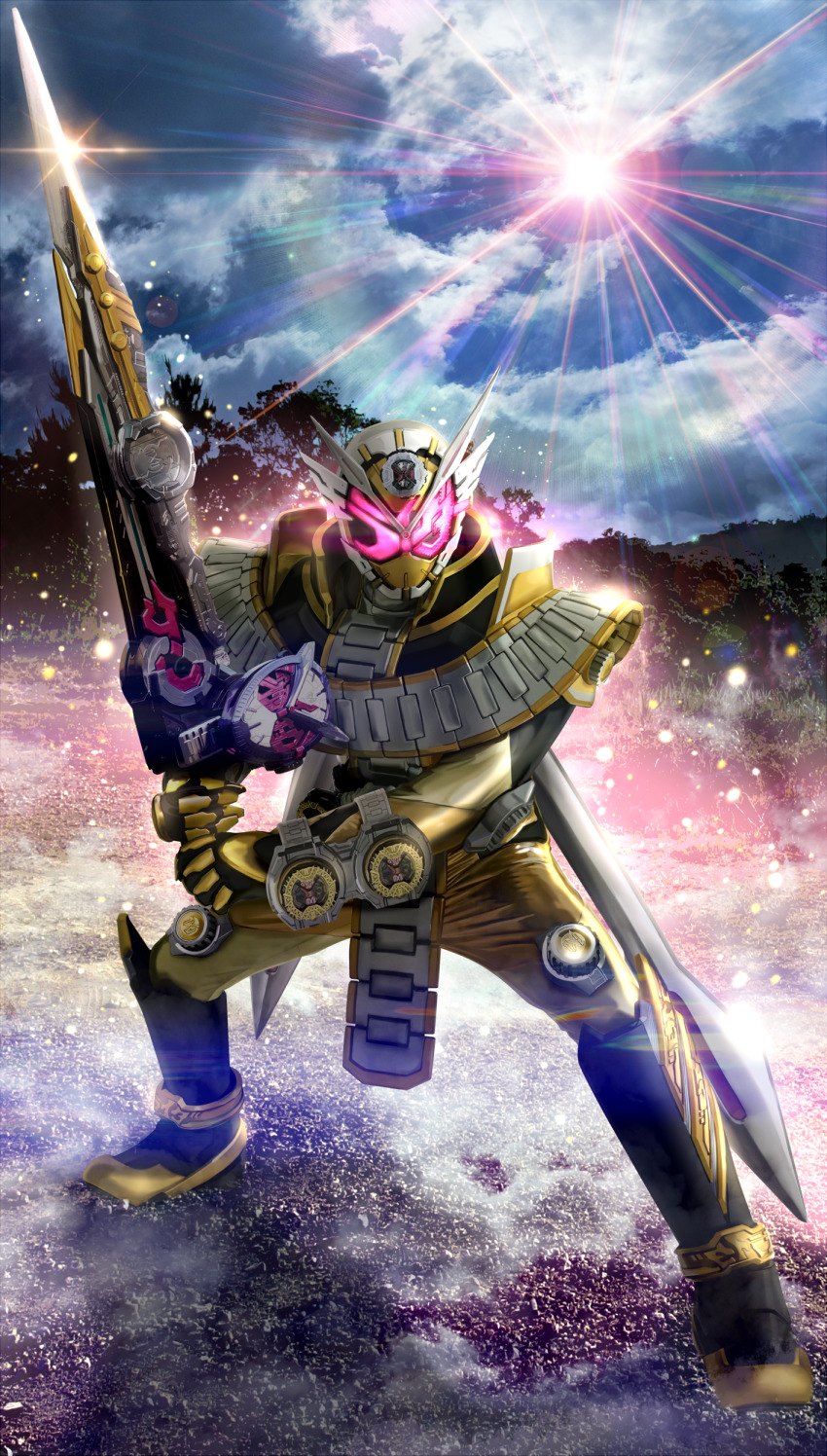 1boy absurdres alternate_costume armor back-to-back black_armor black_boots blue_sky bodysuit boots clock_hands cowboy_shot future gold_trim highres kamen_rider kamen_rider_zi-o kamen_rider_zi-o_(series) kamen_rider_zi-o_ouma kamen_rider_zi-o_the_movie:over_quartzer katakana loincloth masukudo_(hamamoto_hikaru) official_alternate_costume ouma_zi-o_rider_watch pink_eyes rider_watch saikyo_zikan_girade shoulder_armor sky sword tokusatsu trait_connection weapon ziku_driver