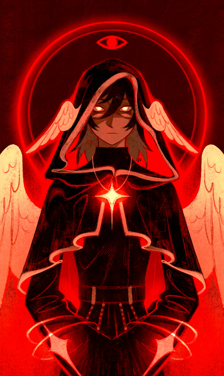 1boy angel_wings black_cape black_hair black_hood black_shirt black_skirt blank_eyes bracelet cape closed_mouth colored_inner_hair disembodied_eye ear_wings elquackity expressionless extra_eyes feathered_wings glowing glowing_eyes glowing_necklace grey_hair hair_between_eyes halo high_collar highres hood hood_up jewelry long_sleeves looking_at_viewer male_focus medium_hair minecraft_youtube multicolored_hair necklace peeco_0 quackity quackity_smp red_background red_eyes red_halo red_light red_lining red_theme shirt skirt solo upper_body white_eyes wings yellow_wings