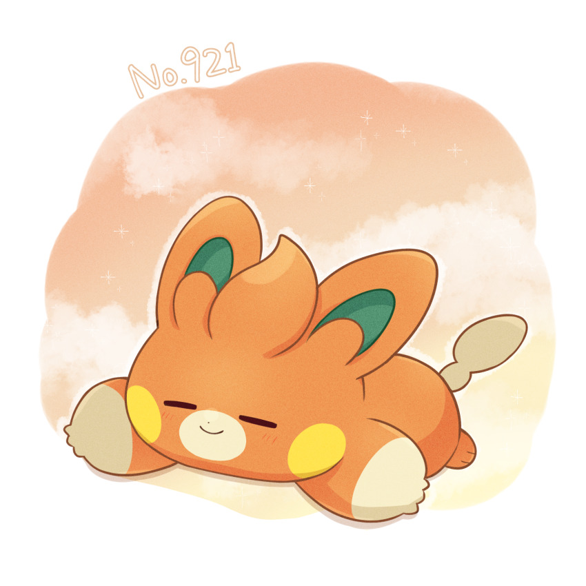 025sakura393 border closed_eyes closed_mouth commentary_request full_body happy highres lying nintendo no_humans on_stomach pawmi pokedex_number pokemon pokemon_(creature) pokemon_focus smile solo white_border