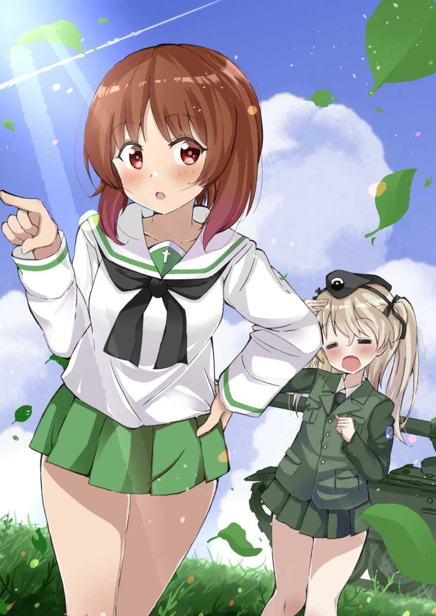 2girls beret black_hat black_jacket black_neckerchief black_necktie black_skirt blouse blue_sky brown_eyes brown_hair centurion_(tank) closed_eyes cloud cloudy_sky commentary contrail day dress_shirt emblem girls_und_panzer grass green_skirt hand_on_own_hip hat highres jacket japanese_tankery_league_(emblem) leaf long_hair long_sleeves looking_at_viewer military_hat military_uniform military_vehicle miniskirt motor_vehicle multiple_girls neckerchief necktie nishizumi_miho ooarai_school_uniform open_mouth outdoors oyatsu_(1727318) pleated_skirt pointing sailor_collar school_uniform selection_university_(emblem) selection_university_military_uniform serafuku shimada_arisu shirt short_hair skirt sky tank white_sailor_collar white_shirt wind