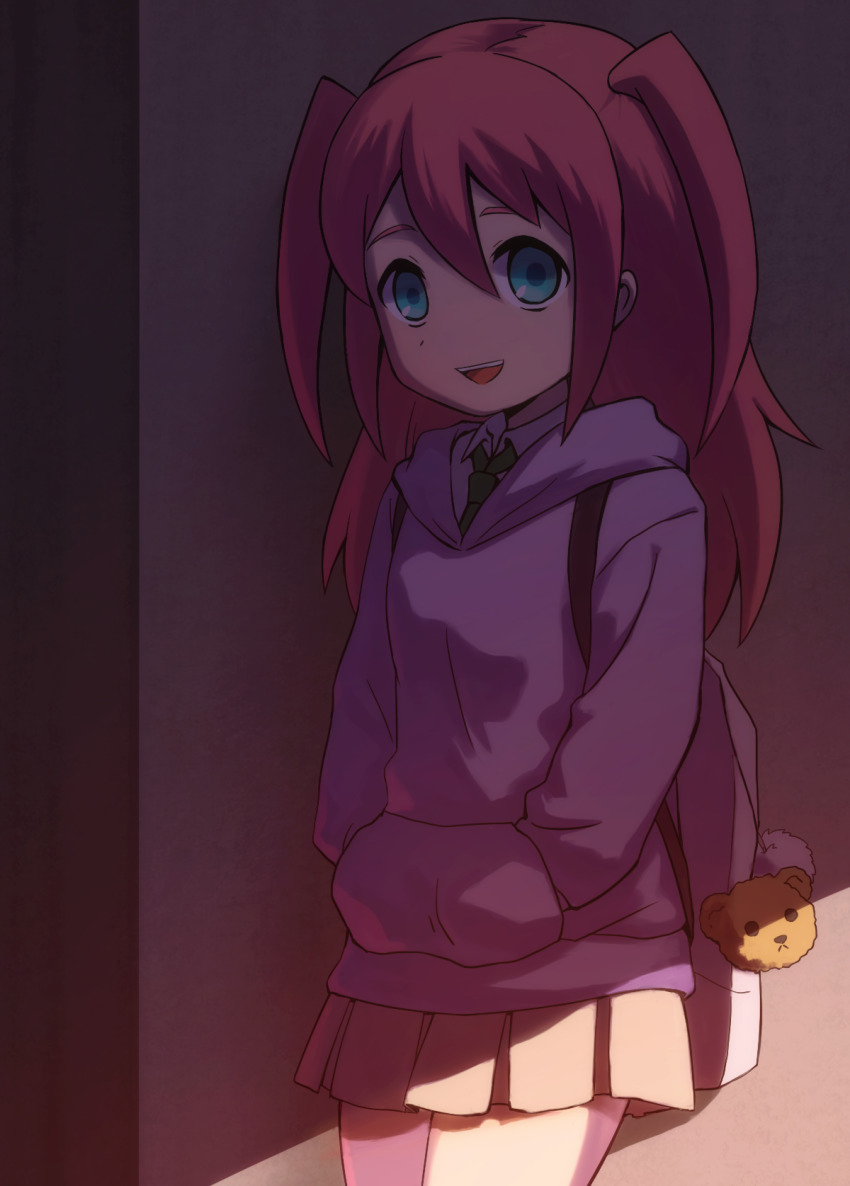 1girl :d against_wall bag bag_charm bear_charm charm_(object) collared_shirt commentary_request cowboy_shot green_eyes green_necktie hair_between_eyes hands_in_pockets highres iroidori4422 looking_at_viewer necktie nemoto_hina open_mouth pink_hair pleated_skirt school_bag school_uniform shade shirt skirt smile solo standing teeth two_side_up upper_teeth_only watashi_ga_motenai_no_wa_dou_kangaetemo_omaera_ga_warui! white_shirt yellow_skirt