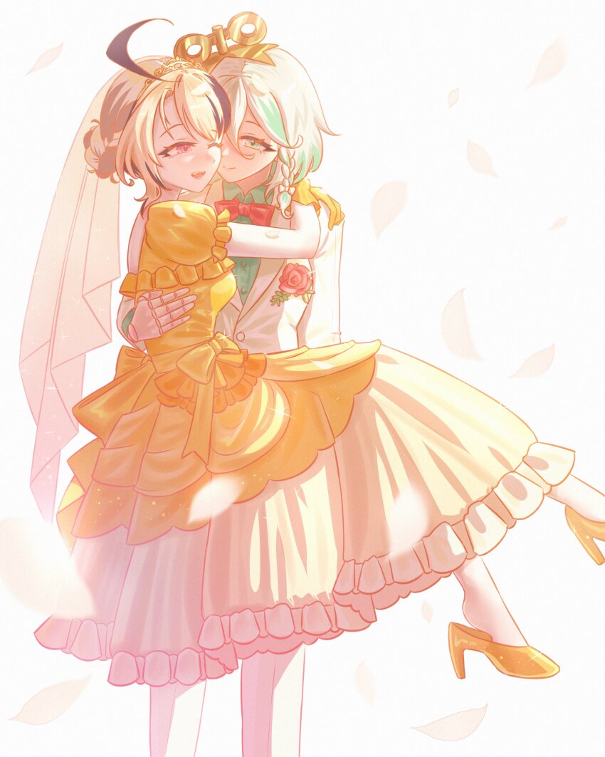 2girls absurdres ahoge arms_around_neck blue_shirt bow bowtie brown_hair carrying cecilia_immergreen closed_mouth commentary doll_joints dress falling_petals formal_clothes gigi_murin gloves green_hair high_heels highres hololive hololive_english joints multicolored_hair multiple_girls one_eye_closed open_mouth orange_dress orange_gloves orange_shoes petals pink_bow pink_bowtie pink_eyes princess_carry seekorplatypus shirt shoes simple_background smile streaked_hair suit symbol-only_commentary veil virtual_youtuber wedding_dress white_background white_hair white_suit wife_and_wife winding_key yuri