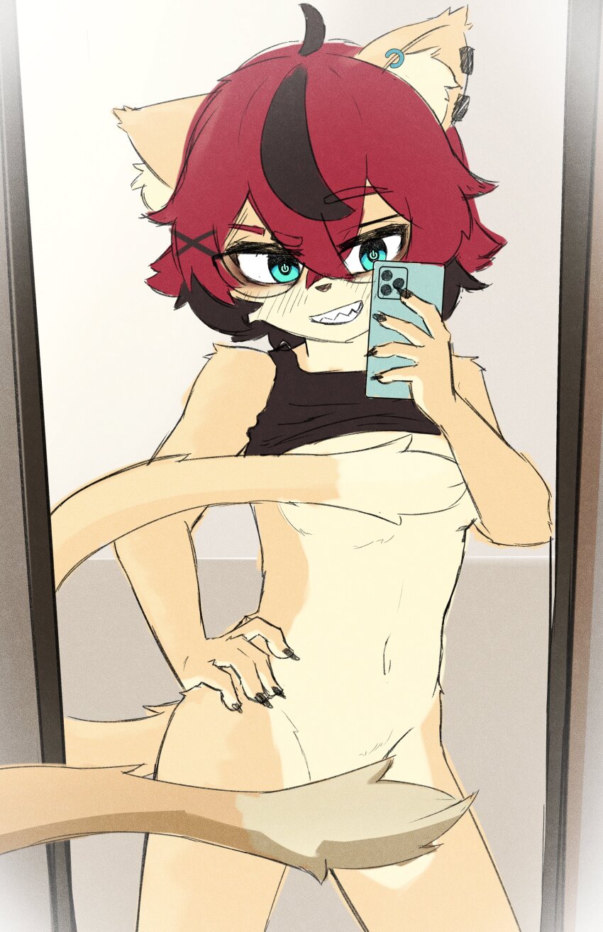 1girl absurdres aeiou_(yoako) animal_ear_fluff animal_ears black-framed_eyewear black_hair black_nails black_tank_top blue_eyes blush borrowed_character bottomless breasts cat_ears cat_girl cat_tail cellphone clothes_lift commentary cowboy_shot earrings english_commentary fingernails furry furry_female grin hair_ornament hand_on_own_hip highres holding holding_phone jewelry meme mirror_selfie multicolored_hair navel one_finger_selfie_challenge_(meme) original phone red_hair selfie sharp_teeth short_hair single_earring small_breasts smartphone smile solo symbol-shaped_pupils tail tail_censor tank_top taroko3 teeth two-tone_hair x_hair_ornament