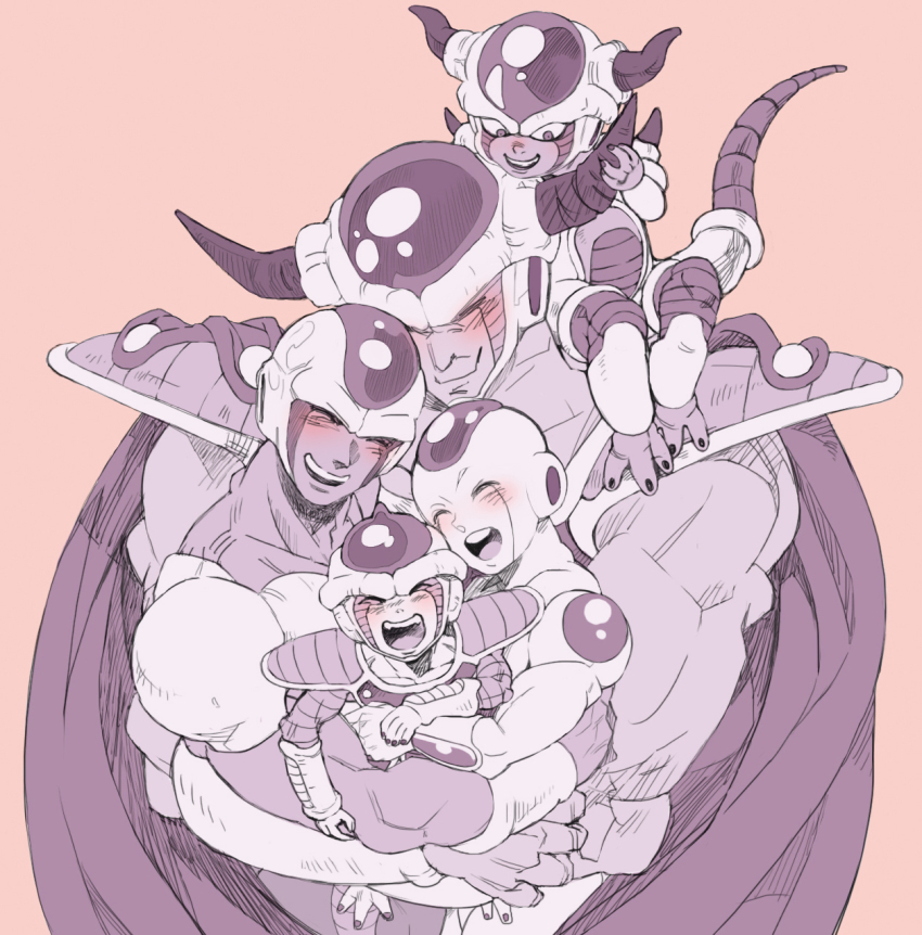 5boys alien armor black_nails blush brothers cape carrying carrying_person chilled claws closed_eyes closed_mouth cooler_(dragon_ball) dragon_ball dragon_ball_(classic) dragonball_z family final_form_frieza fingernails frieza happy highres horns hug kakipiinu king_cold kuriza limited_palette multiple_boys muscular muscular_male open_mouth pink_background purple_theme siblings simple_background sitting sitting_on_person smile tail teeth toes upper_body upper_teeth_only