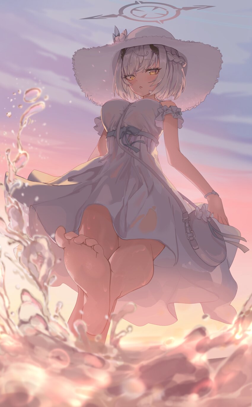 1girl absurdres barefoot blue_archive blush braid dawn demon_horns dress grey_halo halo hat highres horns nekoplanetouo official_alternate_costume parted_lips sena_(blue_archive) sena_(casual)_(blue_archive) short_hair soles solo sun_hat sundress water white_dress white_hair white_hat yellow_eyes