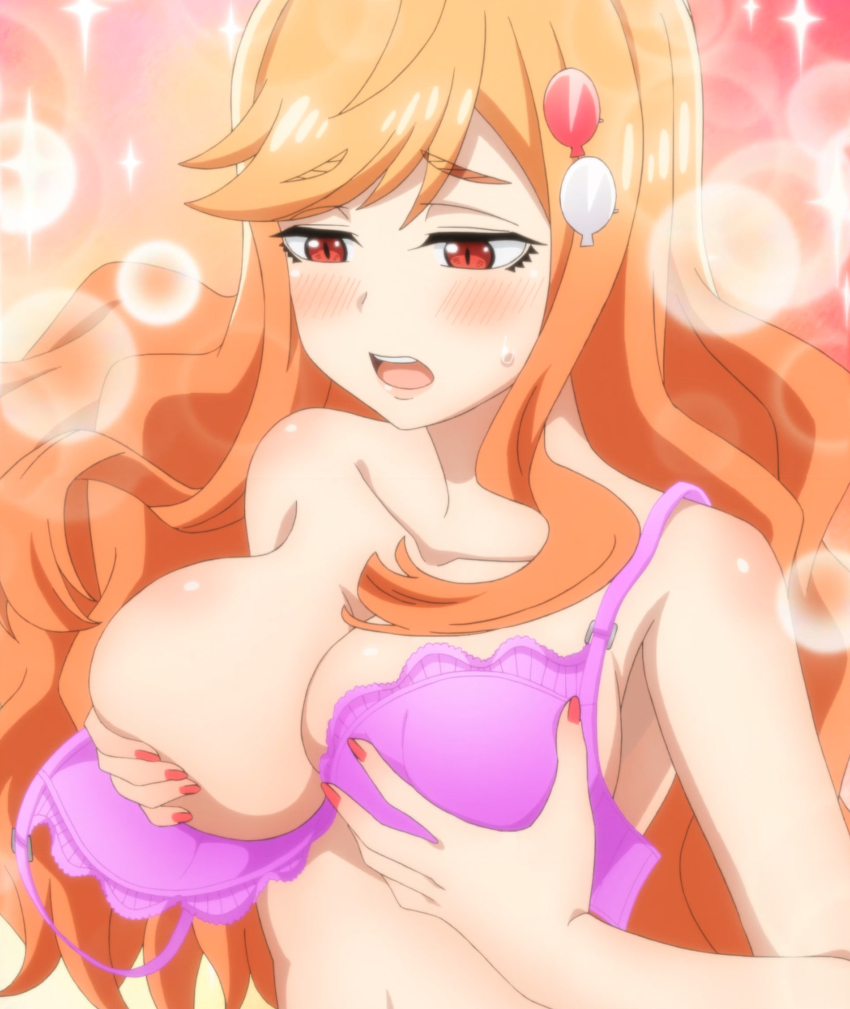 1girl bra breasts cleavage female_focus highres large_breasts long_hair nail_polish orange_hair red_eyes saki-chan_(tejina_senpai) solo tejina_senpai_(series) underwear upper_body