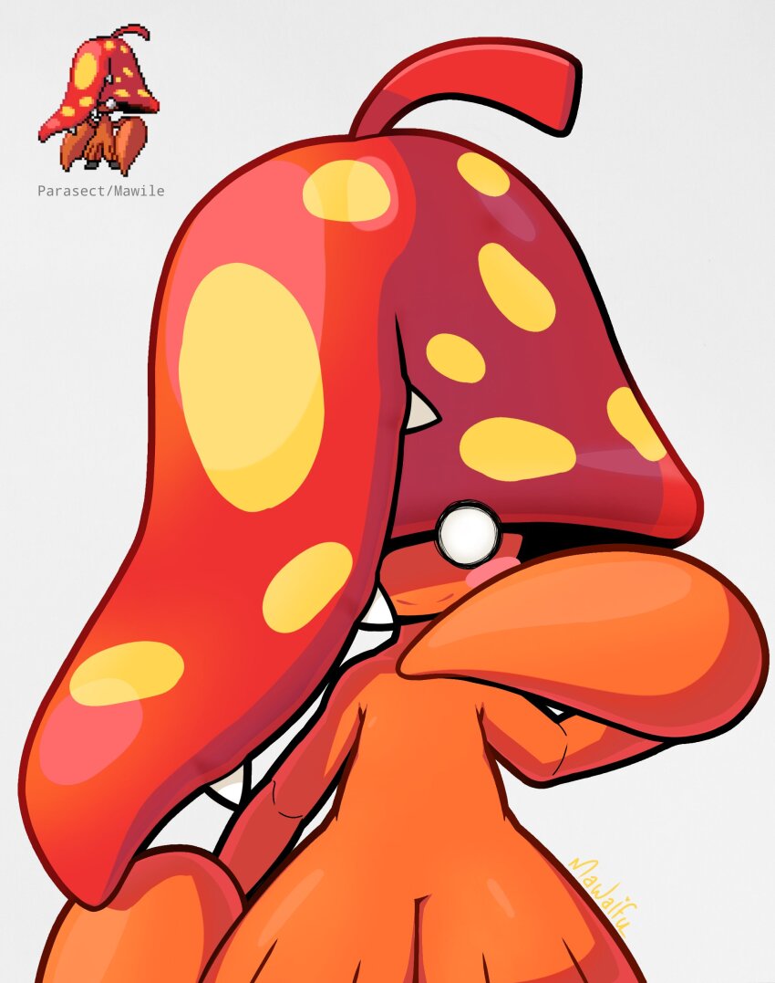 1girl ahoge arm_at_side arthropod_girl artist_name asymmetrical_hair blank_eyes blonde_hair blush blush_stickers character_name closed_mouth cowboy_shot extra_mouth female_focus flat_chest fusion game_freak gen_1_pokemon gen_3_pokemon grey_background hair_over_one_eye hand_up happy long_hair looking_at_viewer mawaifu mawile monster_girl multicolored_hair nintendo o_o one_eye_covered parasect pokemon pokemon_(creature) red_hair reference_inset sharp_teeth signature simple_background smile solo split_mouth standing teeth thick_thighs thighs two-tone_hair white_eyes