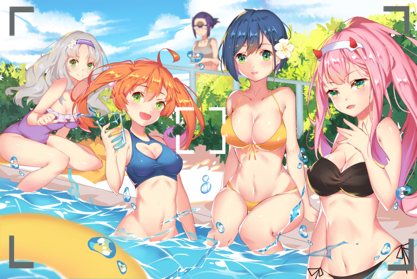 5girls :d absurdres ahoge alternate_breast_size alternate_hairstyle bandeau bare_arms bare_legs bare_shoulders bikini black_bikini blue_bikini blue_hair blue_sky blush breasts bush cleavage cleavage_cutout clothing_cutout cloud crop_top cup cy_(artist) darling_in_the_franxx day drinking_glass flower forehead frills front-tie_bikini_top front-tie_top glasses green_eyes grey_tank_top groin hair_between_eyes hairband halterneck hand_up heart_cutout hibiscus highres holding holding_cup horns ichigo_(darling_in_the_franxx) ikuno_(darling_in_the_franxx) innertube kokoro_(darling_in_the_franxx) large_breasts long_hair looking_at_viewer medium_breasts miku_(darling_in_the_franxx) multiple_girls navel one-piece_swimsuit open_mouth orange_hair outdoors pink_hair ponytail pool purple_hair purple_hairband purple_one-piece_swimsuit railing shadow short_hair side-tie_bikini_bottom sidelocks silver_hair sitting sky smile soaking_feet stomach strapless strapless_bikini strapless_one-piece_swimsuit swim_ring swimsuit tank_top thighs twintails upper_body v-shaped_eyebrows wariza water water_drop white_flower white_hairband yellow_bikini zero_two_(darling_in_the_franxx)