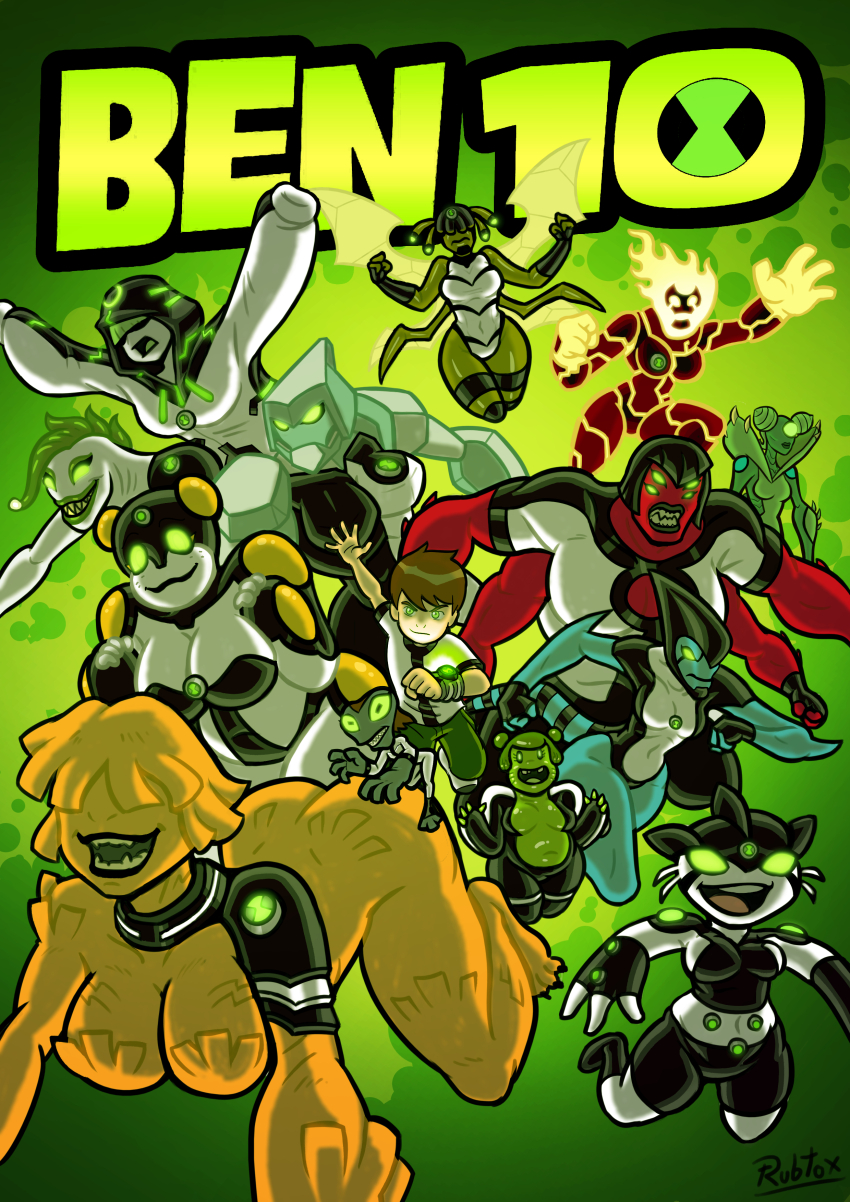 1boy 6+girls absurdres alien alternate_design animification ben_10 ben_tennyson breasts brown_hair character_request colored_skin cyberspace diamondhead extra_arms extra_eyes fiery_hair fins fire four_arms_(ben_10) genderswap genderswap_(mtf) gray_matter green_eyes green_hair green_light green_pupils head_fins heatblast highres hijab humanization large_breasts large_hands medium_breasts multiple_girls omnitrix orange_hair red_skin ripjaw rubtox shirt short_hair small_breasts smile stinkfly upgrade_(ben_10) wildmutt xlr8