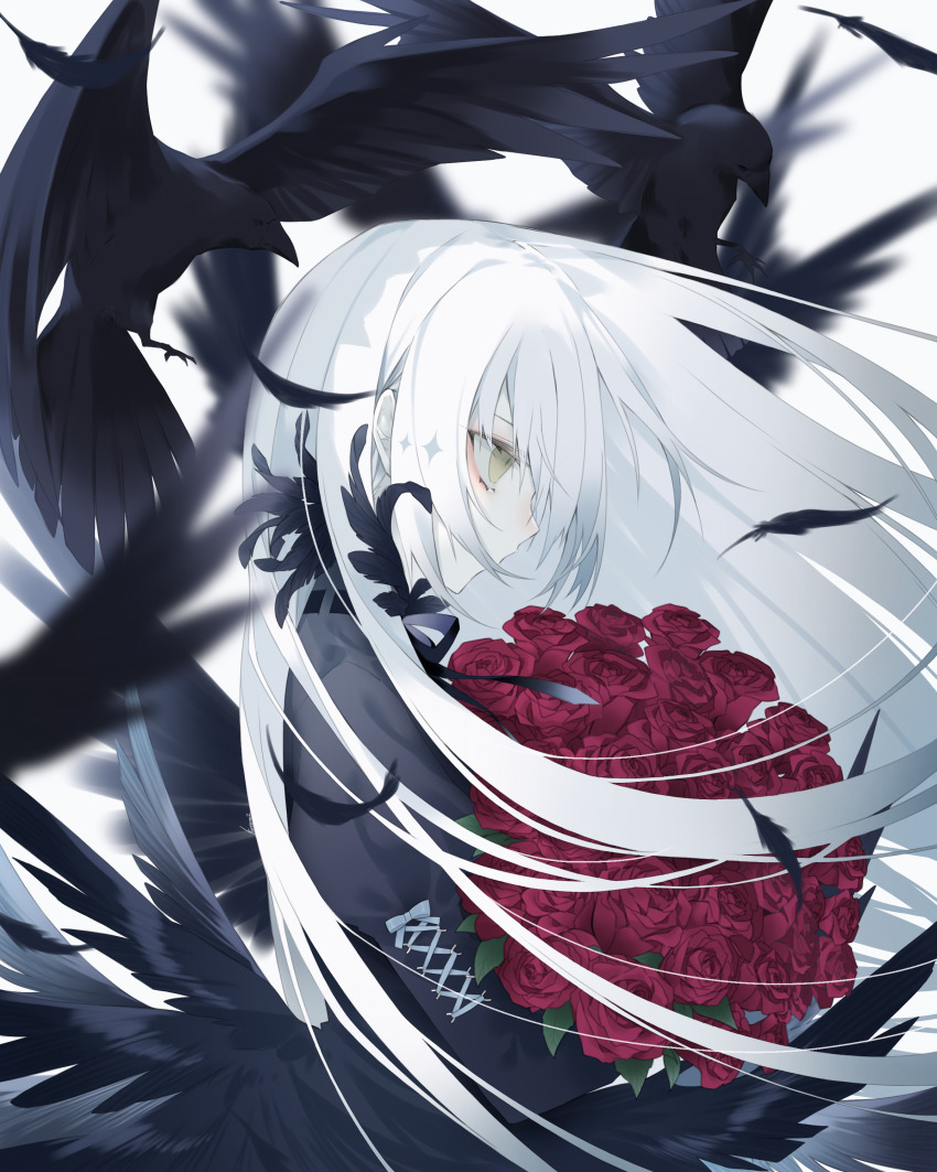 1girl absurdres bird black_bird black_dress black_feathers bouquet commentary_request crow dress falling_feathers feathers floating_hair flower from_side highres holding holding_bouquet juliet_sleeves kotarou_(kot_mochi) long_hair long_sleeves original profile puffy_sleeves red_flower red_rose rose slit_pupils solo upper_body very_long_hair white_hair yellow_eyes