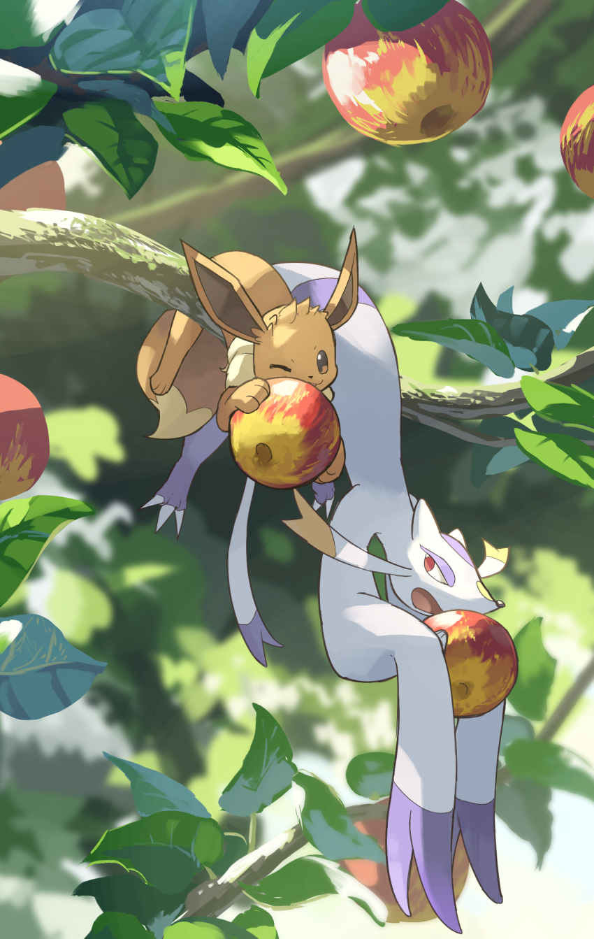 animal_focus apple branch brown_eyes brown_fur closed_mouth eevee food fruit gen_1_pokemon gen_5_pokemon highres holding leaf mienshao nintendo no_humans on_branch one_eye_closed open_mouth outdoors pokemon pokemon_(creature) pokemon_focus purple_fur red_eyes smile snout tail tree two-tone_fur white_fur yamaori_(hakkentai_pokedan)