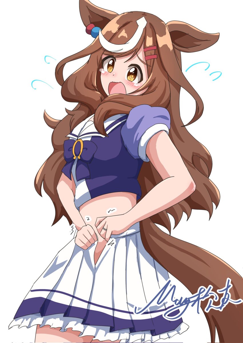 1girl @_@ aged_up alternate_hair_length alternate_hairstyle animal_ears blush breasts collarbone commentary_request hair_between_eyes hair_ornament highres horse_ears horse_girl horse_tail jewelry long_hair looking_at_viewer matikane_tannhauser_(umamusume) matty_(matsutomo) ring school_uniform signature solo tail tracen_school_uniform umamusume wedding_ring