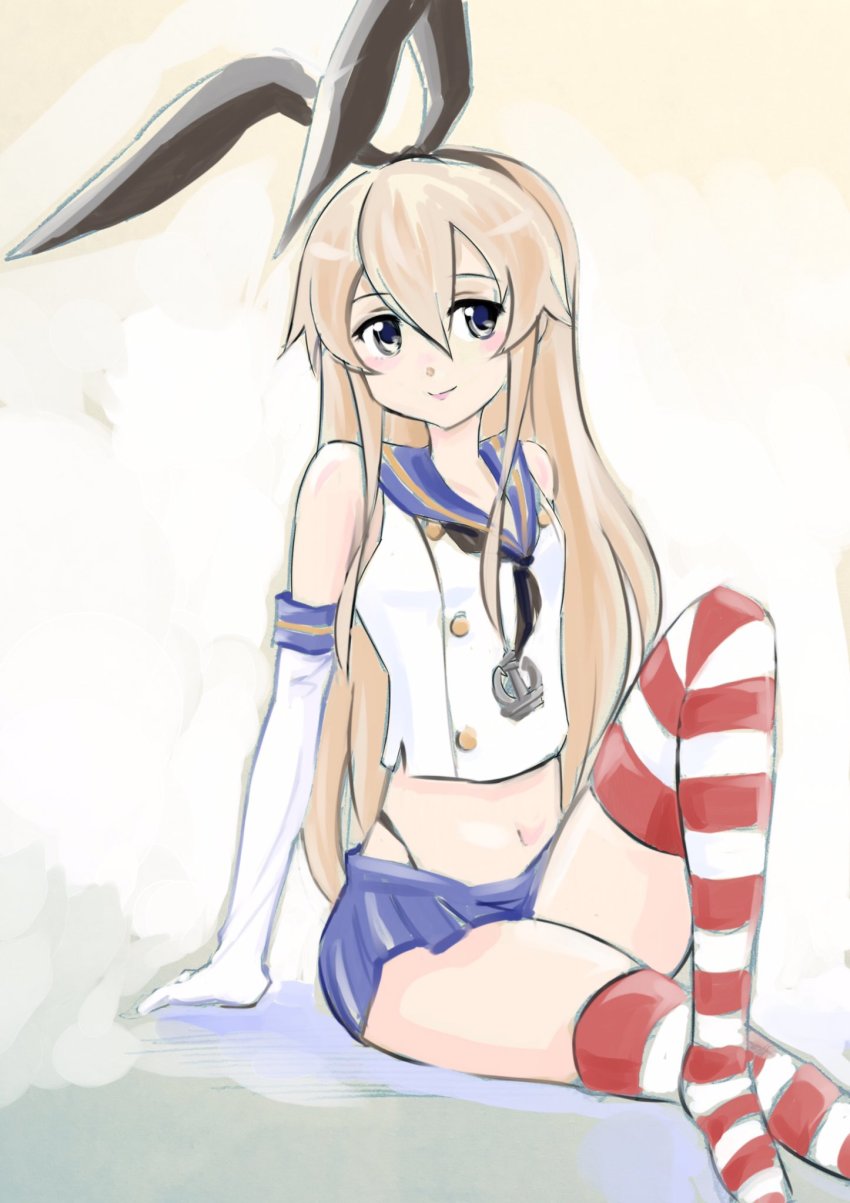 1girl animal_ears blonde_hair commentary_request crop_top crossed_legs elbow_gloves fake_animal_ears female_focus gloves grey_eyes hair_between_eyes hairband highres inoue_kousei kantai_collection knee_up looking_at_viewer navel neckerchief painting_(medium) pleated_skirt rabbit_ears school_uniform serafuku shimakaze_(kancolle) shirt sidelocks sitting skirt sleeveless sleeveless_shirt smile solo striped_clothes striped_thighhighs thighhighs traditional_media watercolor_(medium)