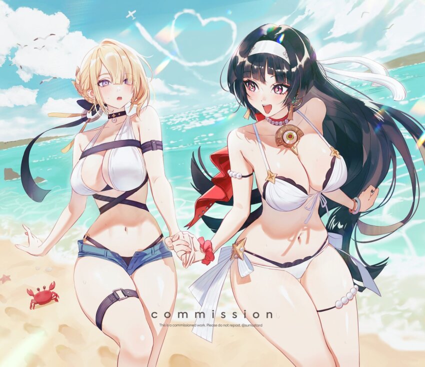2girls arm_strap astra_yao beach bikini black_choker black_hair blonde_hair blue_shorts blush breasts chest_harness choker cleavage day earrings evelyn_chevalier hairband harness holding_hands jewelry large_breasts multiple_girls navel necklace open_mouth outdoors pearl_necklace sand short_shorts shorts smile sumustard swimsuit thigh_beads uneven_bangs white_bikini white_hairband zenless_zone_zero