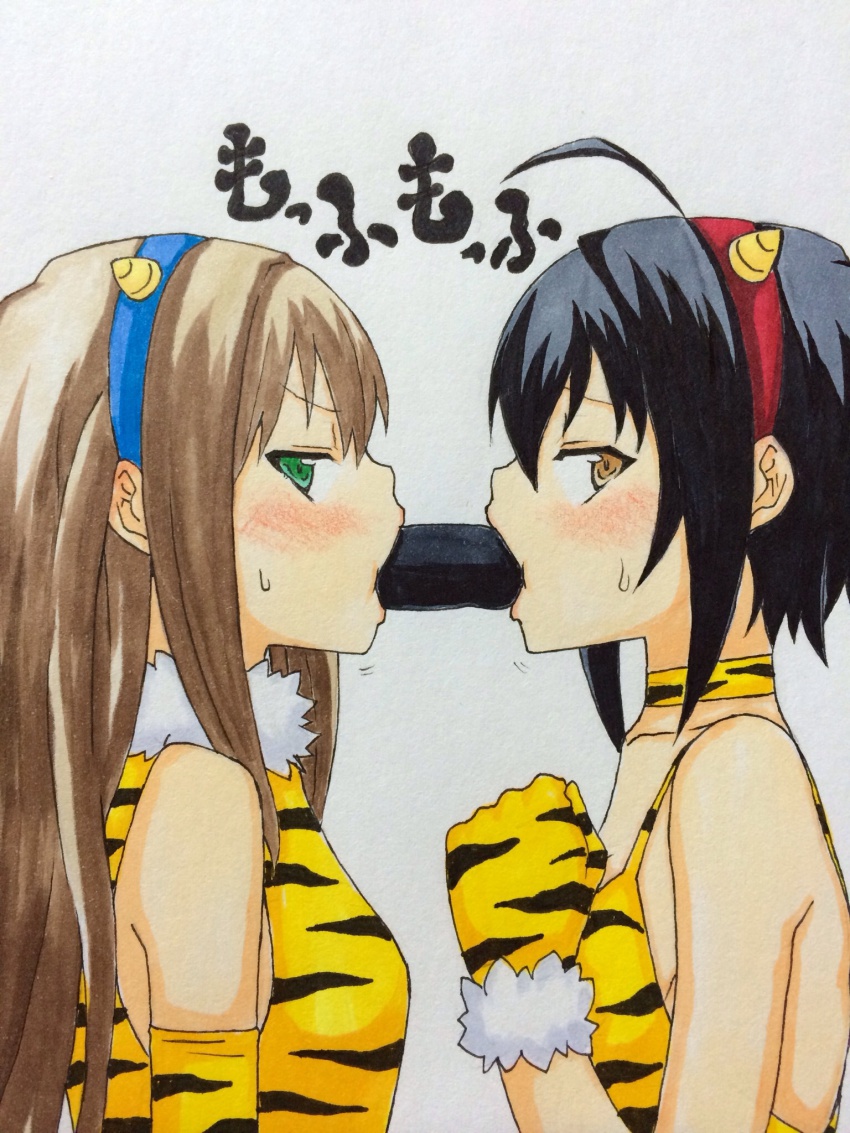 10s 2girls animal_print black_hair blush brown_eyes brown_hair choker cooperative_fellatio demon_horns ehoumaki fellatio food fujioka_(azunxan) fur_trim gloves green_eyes highres horns idolmaster idolmaster_cinderella_girls kohinata_miho long_hair looking_at_viewer makizushi multiple_girls oral profile setsubun sexually_suggestive shibuya_rin simple_background simulated_fellatio sushi sweatdrop teamwork_(sexual) tiger_print traditional_media white_background