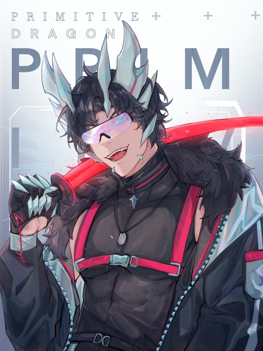 1boy :d adapted_costume alternate_costume black_gloves black_hair black_pants blue_eyes blue_fire chest_harness cyberpunk dog_tags dragon_horns dragon_tail english_text fangs fire fur_trim gloves hand_in_pocket harness highres holding holding_sword holding_weapon horns kamen_rider kamen_rider_saber kamen_rider_saber_(series) kamen_rider_saber_primitive_dragon_brave_dragon kamiyama_touma katana male_focus meowq off_shoulder open_mouth pants smile solo sword tail tank_top upper_body weapon