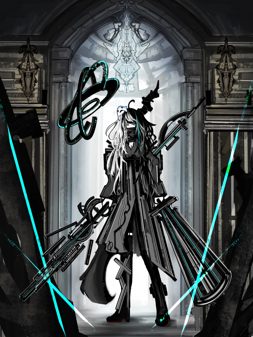 1girl absurdres animal animal_on_head black_hair breasts cleavage coat full_body glint highres holding holding_weapon horns huge_weapon indoors multicolored_hair null_symbol on_head original riz_kira single_horn solo standing two-tone_hair weapon white_hair