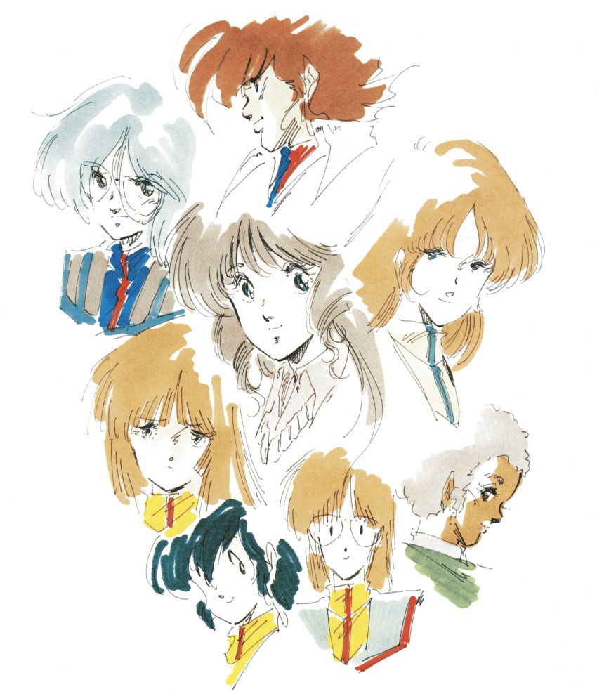 absurdres blue_hair brown_hair choujikuu_yousai_macross claudia_lasalle hayase_misa highres ichijou_hikaru kim_kabirov lynn_minmay macross macross:_do_you_remember_love? maximilian_jenius mikimoto_haruhiko military_uniform non-web_source shammy_milliome vanessa_laird