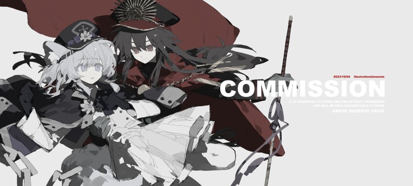 2girls absurdres black_hair cape copyright_name dress english_text gloves grey_eyes hair_between_eyes hat highres holding holding_sword holding_weapon long_hair long_sleeves military_hat military_uniform monota02 multiple_girls oda_nobunaga_(fate) oda_nobunaga_(koha-ace) original peaked_cap red_cape red_eyes short_hair simple_background sword weapon white_hair