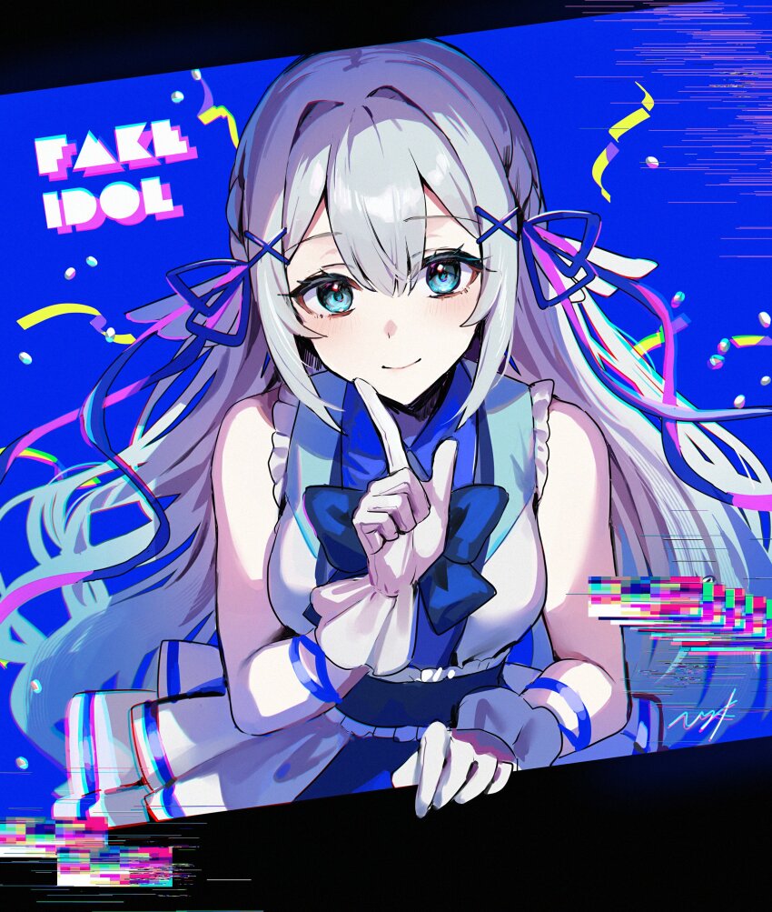 1girl absurdres aitsuki_nakuru aqua_eyes dress glitch gloves grey_hair hair_intakes hair_ornament hair_ribbon hand_rest highres hitomin_(ksws7544) index_finger_raised la_priere long_hair official_art portrait ribbon sleeveless sleeveless_dress smile solo x_hair_ornament