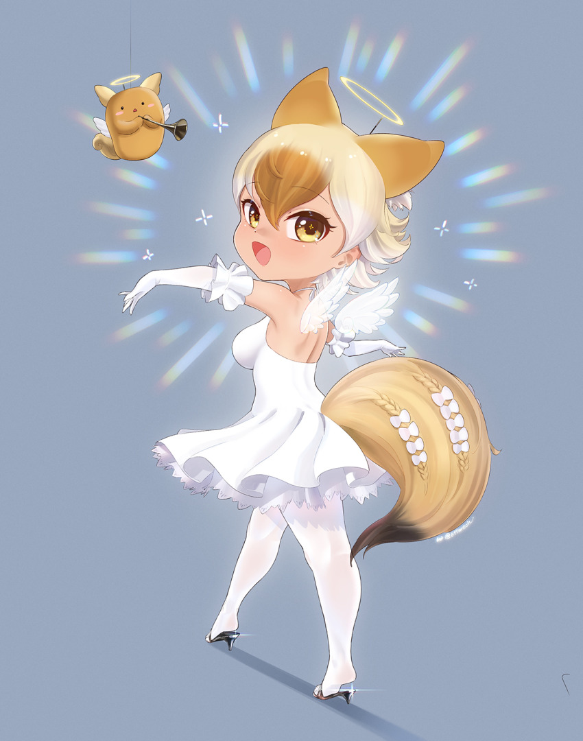 1girl alternate_costume angel animal_ears beleven blonde_hair brown_hair coyopotato coyote_(kemono_friends) dress elbow_gloves extra_ears frilled_dress frilled_gloves frills gloves hair_between_eyes halo high_heels highres kemono_friends kemono_friends_v_project looking_at_viewer looking_back multicolored_hair pantyhose sidelocks sparkle tail virtual_youtuber white_dress white_gloves white_hair white_pantyhose wolf_ears wolf_girl wolf_tail yellow_eyes