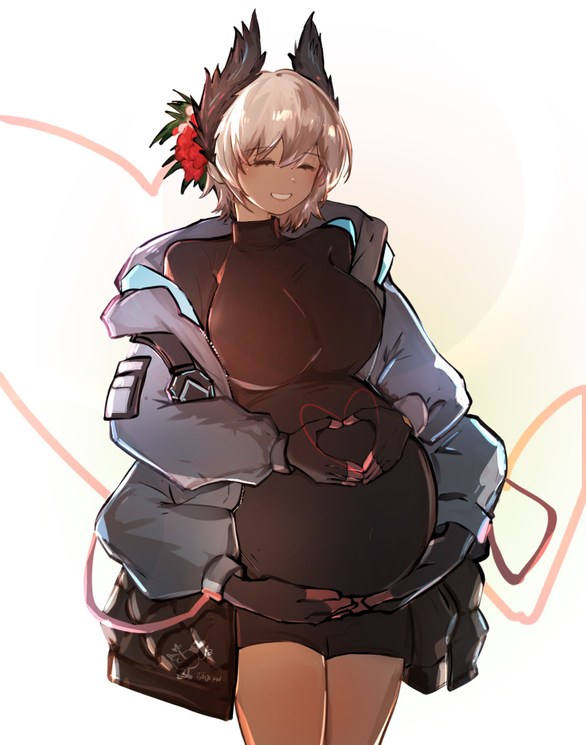 1girl arknights arya_melati big_belly bird_girl black_bodysuit black_gloves blue_jacket bodysuit breasts cable closed_eyes commission commissioner_upload extra_arms feather_hair feathers flower gloves grey_hair gripping_clothes hair_between_eyes hair_flower hair_ornament hand_on_own_stomach hands_on_own_stomach head_wings heart heart_hands highres holding holding_belly hood hood_down jacket long_sleeves mechanical_arms multicolored_gloves navel open_clothes open_jacket pink_gloves pregnant raidian_(arknights) red_flower short_hair simple_background skin_tight smile solo two-tone_gloves vgen_commission white_flower wings