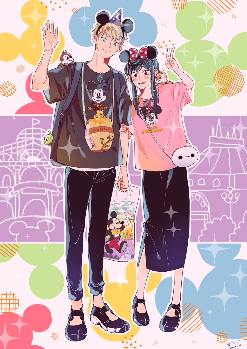 1boy 1girl :d absurdres animal animal_on_shoulder arm_up awarinko bag black_hair black_pants black_shirt black_shoes black_skirt blonde_hair blue_eyes blush character_print character_request chip_&#039;n_dale_rescue_rangers chip_(disney) chipmunk closed_mouth crossover dale_(disney) eyewear_hang fantasia_(disney) grabbing_another&#039;s_arm highres holding holding_bag honeypot long_hair mickey_mouse mickey_mouse_ears minnie_mouse minnie_mouse_ears novelty_glasses open_mouth outline pants piglet_(winnie_the_pooh) pink_shirt plastic_bag pooh print_shirt red_eyes shirt shoes shoulder_bag skirt smile spy_x_family squirrel tigger twilight_(spy_x_family) unworn_eyewear white_outline winnie_the_pooh yor_briar