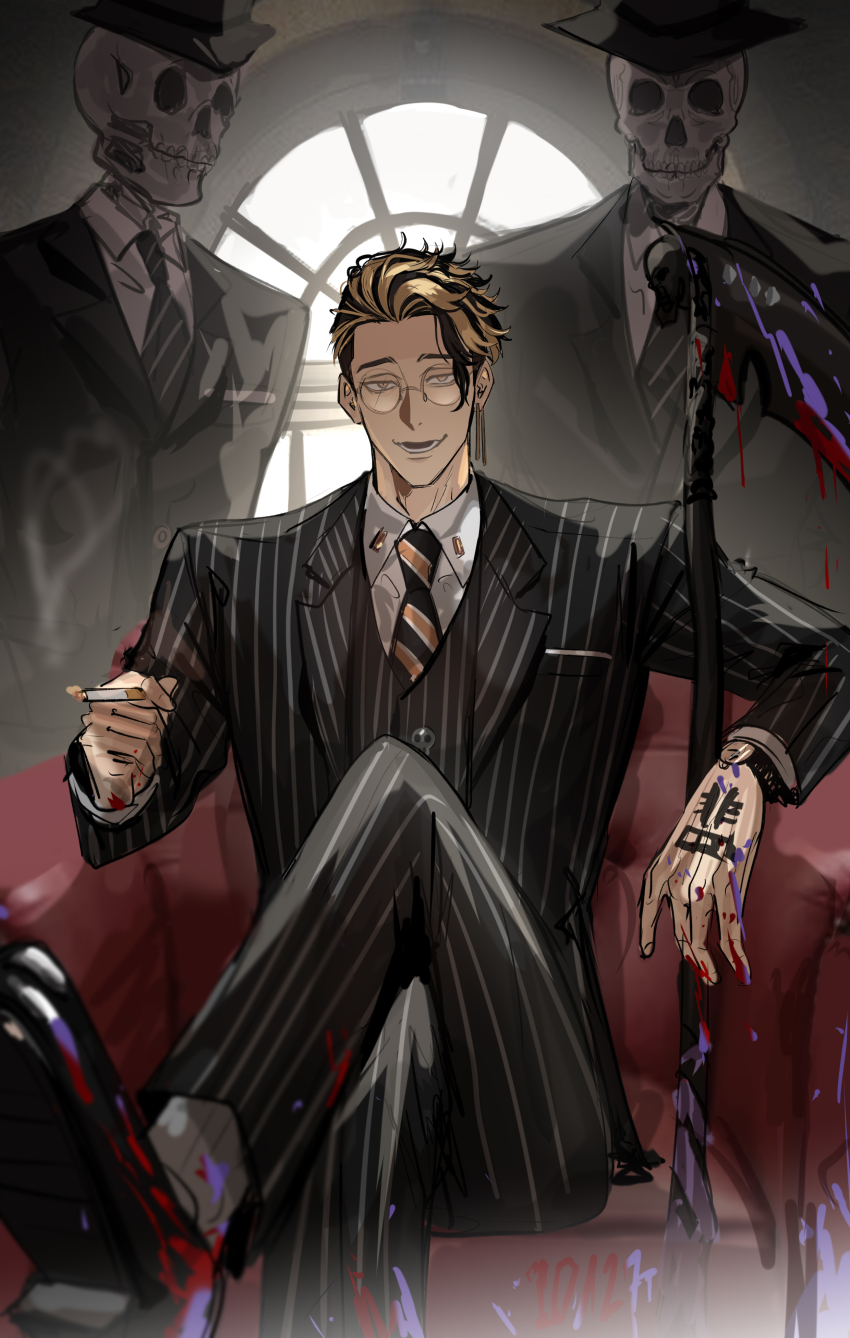 2012 3boys absurdres black_hat black_suit blood blood_on_clothes breast_pocket cigarette couch crossed_legs dated formal_clothes hand_tattoo hanma_shuuji hat haze_(ha_ze) highres holding holding_cigarette male_focus multiple_boys necktie pinstripe_pattern pinstripe_suit pocket sitting skeleton striped_necktie suit sword tattoo tokyo_revengers weapon window wrist_cuffs