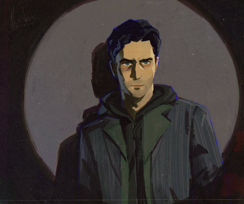 1boy :| alan_wake alan_wake_(game) bags_under_eyes beard_stubble black_hair black_shirt blue_eyes blue_outline closed_mouth determined drop_shadow facial_hair grey_jacket highres jacket looking_at_viewer neo_jpeg outline shirt solo sparkling_eyes spotlight striped_clothes stubble upper_body