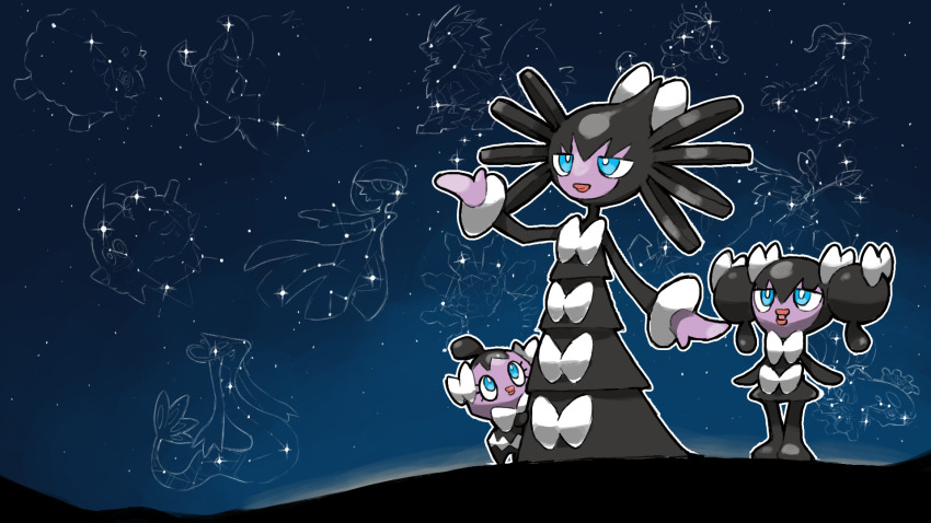 ahoge arcanine black_hair blacknirrow blue_eyes bow bright_pupils closed_mouth commentary constellation dartrix double_bun english_commentary evolutionary_line gardevoir gen_1_pokemon gen_3_pokemon gen_4_pokemon gen_5_pokemon gen_6_pokemon gen_7_pokemon gen_8_pokemon gogoat gothita gothitelle gothorita hair_bun hand_up highres kyogre legendary_pokemon looking_up milotic night night_sky nintendo no_humans open_mouth outdoors pokemon pokemon_(creature) skorupi sky smile standing star_(sky) stargazing tauros vanilluxe white_bow white_pupils wooloo zygarde zygarde_(50%)