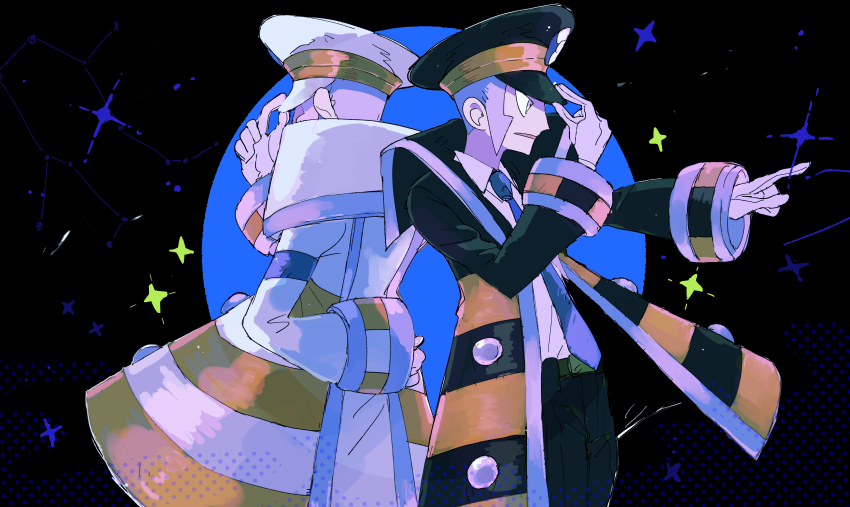 2boys absurdres adjusting_clothes adjusting_headwear arm_behind_back back-to-back black_coat black_hat black_pants blue_necktie brothers coat creatures_(company) emmet_(pokemon) game_freak gloves grey_hair hat highres ingo_(pokemon) male_focus multiple_boys necktie nintendo onigiri_(ahku5522) open_mouth outstretched_arm pants pokemon pokemon_bw siblings twins white_gloves white_hat