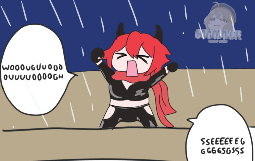 &gt;_&lt; 1girl \o/ arms_up artist_request chibi clenched_hands closed_eyes clothing_cutout goddess_of_victory:_nikke highres horns jacket leather leather_jacket leather_pants leg_cutout mechanical_horns meme open_mouth outstretched_arms pants rain raised_fists rectangular_mouth red_hood_(nikke) red_scarf scarf seggs_(meme) shouting uohhhhhhhhh!_(meme)