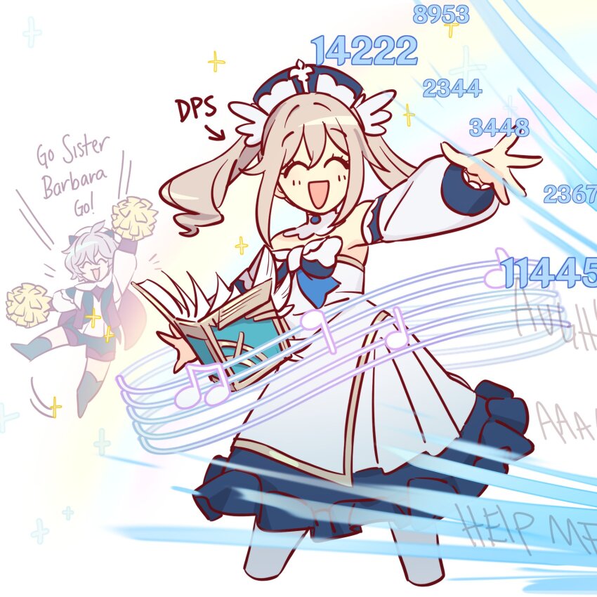 1boy 1girl :d ^_^ ahoge arm_up arrow_(symbol) artastiq barbara_(genshin_impact) beamed_eighth_notes beret black_shorts blonde_hair blue_dress blush book bow bowtie cape character_name cheering closed_eyes commentary cropped_legs dahlia_(genshin_impact) damage_numbers detached_collar detached_sleeves dress drill_hair eighth_note english_commentary english_text floating floating_book floating_object frilled_dress frills gameplay_mechanics genshin_impact hair_between_eyes hat healing highres holding holding_pom_poms jumping long_hair long_sleeves musical_note musical_staff open_book open_mouth outstretched_arm pantyhose pink_hair pom_pom_(cheerleading) pom_poms quarter_note red_cape shirt short_hair short_shorts shorts sidelocks simple_background skyward_atlas_(genshin_impact) smile standing strapless strapless_dress twin_drills twintails water white_background white_bow white_bowtie white_dress white_hat white_pantyhose white_shirt white_sleeves