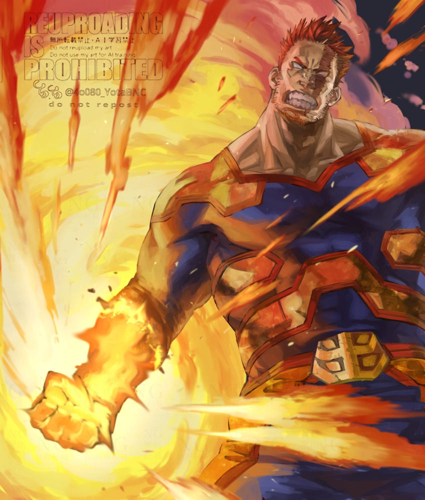 1boy absurdres blue_eyes bodysuit boku_no_hero_academia endeavor_(boku_no_hero_academia) facial_hair fighting_stance fire highres male_focus mature_male muscular muscular_male pyrokinesis red_hair scar scar_across_eye scar_on_face serious short_hair solo spiked_hair stubble superhero_costume yomoyama_yotabanashi