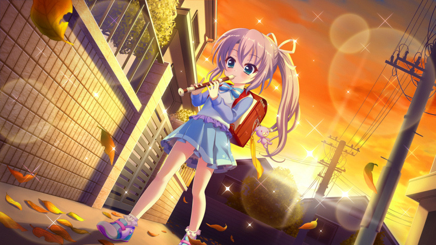 1girl aged_down animal_charm autumn_leaves backpack bag blue_bow blue_bowtie blue_eyes blue_skirt blue_sleeves bow bowtie charm_(object) child dot_nose dress dutch_angle evening film_grain flute frilled_dress frills from_below game_cg gate hair_ribbon high_ponytail holding holding_flute holding_instrument house instrument izumi_tsubasu leaf lens_flare long_sleeves music non-web_source official_art outdoors pink_shoes playing_instrument ponytail purple_hair randoseru re:stage! recorder red_bag ribbon shoes skirt smile solo sparkle tree tsukisaka_sayu utility_pole walking white_dress yellow_ribbon