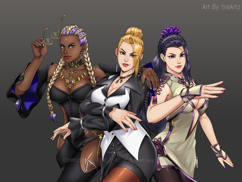 3girls blonde_hair blue_eyes bodypaint braid braided_hair_rings braided_ponytail breasts cleavage cleavage_cutout clothing_cutout collar crossed_arms curvy dark-skinned_female dark_skin dolores_(kof) female_focus fingernails flower formal_clothes glasses gold green_eyes hair_bun hair_flower hair_ornament hair_rings jewelry long_fingernails long_hair long_sleeves looking_at_viewer lotus luong mature_(kof) multicolored_hair multiple_girls nail_polish pale_skin panties pantyhose purple_eyes purple_hair round_eyewear shorts smile smiley_face standing suit the_king_of_fighters thick_lips thick_thighs thighhighs thighs treartz two-tone_hair underwear white_hair wide_hips