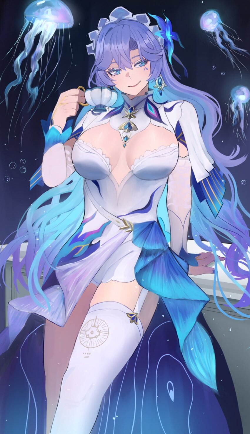 1girl blue_eyes blue_flower blue_hair breasts cantarella_(wuthering_waves) closed_mouth commentary cup curtained_hair detached_sleeves dress earrings facial_mark flower garter_straps gradient_hair hair_between_eyes hand_up highres holding holding_cup jellyfish jewelry jourd4n large_breasts looking_at_viewer multicolored_hair nail_polish purple_hair single_thighhigh solo teacup thighhighs white_dress white_thighhighs wuthering_waves