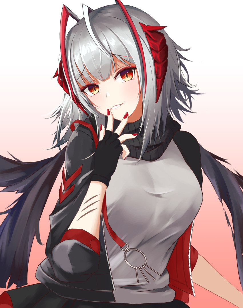 1girl absurdres ahoge antenna_hair arknights black_gloves black_jacket fingerless_gloves fingernails gloves gradient_background grey_hair grey_shirt hand_to_own_mouth highres jacket looking_at_viewer medium_hair multicolored_hair nail_polish nekomatamago open_clothes open_jacket orange_eyes pink_background red_hair red_nails scar scar_on_arm shirt three-quarter_sleeves solo streaked_hair w_(arknights) white_background
