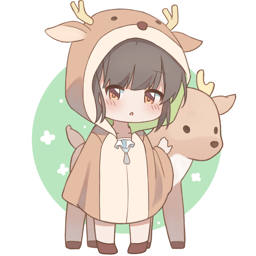 1girl absurdres animal animal_ears antlers black_hair blush brown_eyes brown_shoes chestnut_mouth chibi cloak collarbone deer deer_antlers deer_ears deer_hood fake_animal_ears fake_antlers frills full_body green_background highres hood hood_up hooded_cloak horns original parted_lips ryoku_sui shoes solo standing two-tone_background white_background zipper_pull_tab