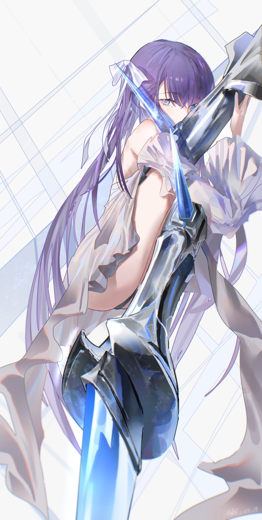 1girl absurdres ass blue_eyes coat fate/extra fate/extra_ccc fate/grand_order fate_(series) hair_ribbon highres knee_spikes leg_blade long_hair long_sleeves looking_at_viewer meltryllis_(fate) meltryllis_(third_ascension)_(fate) milbi navel prosthesis prosthetic_leg purple_hair revealing_clothes ribbon solo spikes very_long_hair white_coat white_ribbon