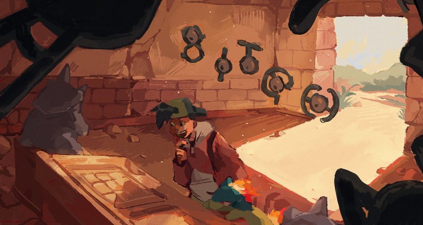 1boy :d brick_wall day english_text ethan_(pokemon) gen_2_pokemon meruz_(automeruz) nintendo open_mouth pokemon pokemon_(creature) pokemon_gsc profanity quilava ruins smile statue the_eric_andre_show unown unown_a unown_b unown_c unown_h unown_i unown_t