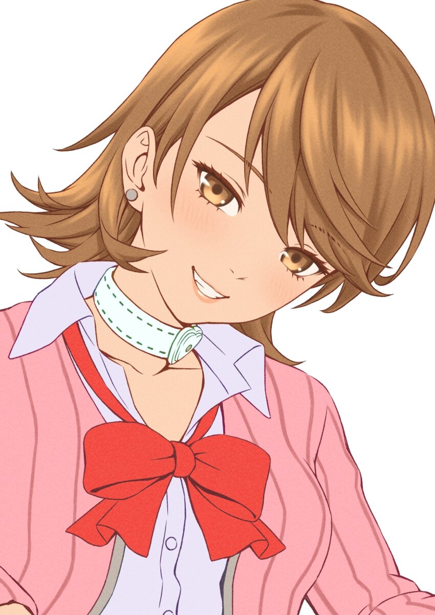 1girl blush bow bowtie brown_eyes brown_hair cardigan choker clenched_teeth collarbone collared_shirt earrings flipped_hair gekkoukan_high_school_uniform grin head_tilt heart heart_choker highres jewelry lips looking_at_viewer loose_bowtie masatoshi_1219 open_cardigan open_clothes persona persona_3 pink_cardigan pink_lips red_bow red_bowtie ribbed_cardigan school_uniform shirt short_hair smile solo stud_earrings takeba_yukari teeth upper_body white_background white_choker white_shirt