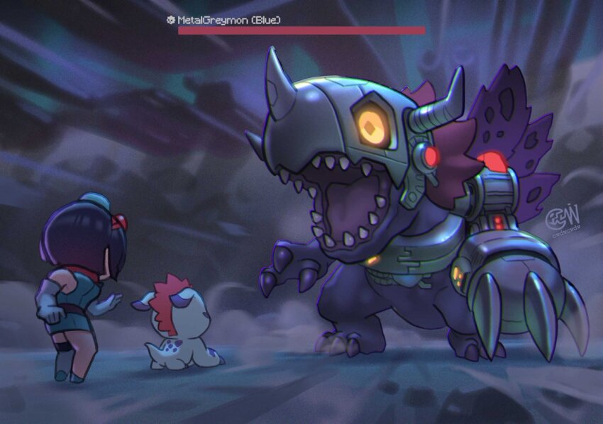1girl artist_name colored_skin cwdw cyborg digimon digimon_(creature) digimon_story:_time_stranger dinosaur glowing glowing_eyes gomamon horns mechanical_arms metalgreymon_(virus) multiple_wings open_mouth red_hair sharp_teeth short_hair single_mechanical_arm teeth torn_wings watermark wings yellow_eyes yuuki_kanan