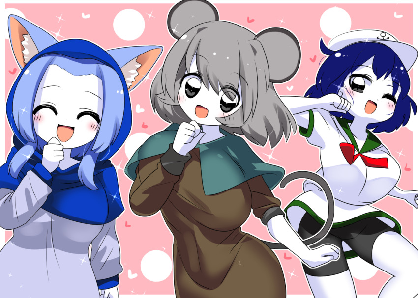 3girls anchor_symbol animal_ears black_eyes black_pants blue_capelet blue_hair blue_hood blush breasts brown_dress capelet closed_eyes colored_skin commentary_request cookie_(touhou) dress feet_out_of_frame flour_(cookie) grey_dress grey_hair hat heart hood hood_up kumoi_ichirin large_breasts lets0020 long_hair long_sleeves looking_at_viewer milk_(cookie) mouse_ears mouse_girl mouse_tail multiple_girls murasa_minamitsu nazrin nyon_(cookie) open_mouth pants pink_background puffy_short_sleeves puffy_sleeves shirt short_hair short_sleeves shorts skirt smile tail touhou white_hat white_shirt white_skin white_skirt