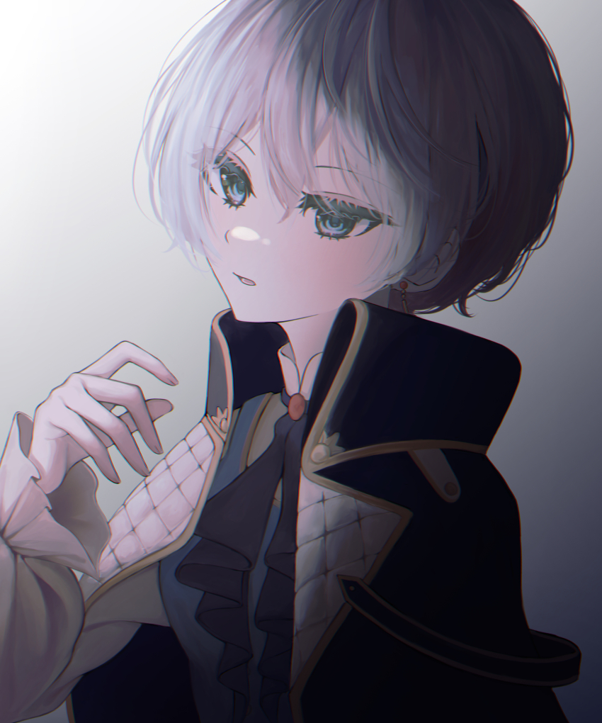 1girl absurdres androgynous blue_eyes collared_shirt earrings gem grey_background grey_hair highres jewelry looking_at_viewer mongha official_alternate_costume official_alternate_hair_length official_alternate_hairstyle ouji_fashion project_sekai red_brooch red_gemstone relax_teatime_(project_sekai) shirt short_hair simple_background solo vest white_hair yoisaki_kanade