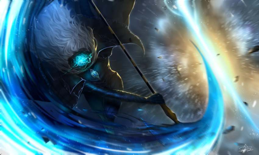 1boy absurdres argalia_(project_moon) attack backlighting blue_bodysuit blue_cape bodysuit cape collared_cape distortion_(project_moon) explosion highres holding holding_scythe library_of_ruina long_hair lubban project_moon scythe solo spoilers very_long_hair white_hair